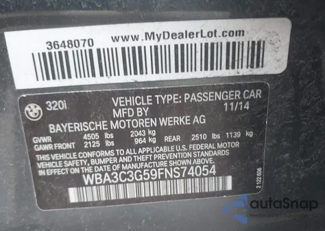 2015 BMW 320I xDrive z USA, uszkodzony, nr VIN WBA3C3G59FNS74054